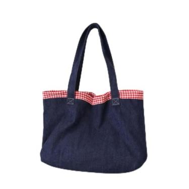 Imagem de Bolsa feminina jeans para transporte de ombro com detalhes xadrez, leve, grande capacidade, bolsa de trabalho, Vermelho