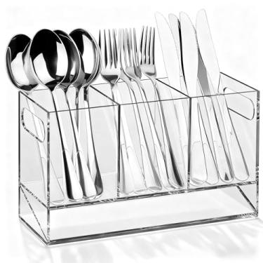 Imagem de IWNTWY Suporte de utensílios, escorredor de utensílios de 3 compartimentos com bandeja de drenagem automática para balcão de cozinha, organizador de acrílico transparente para talheres, garfos, facas