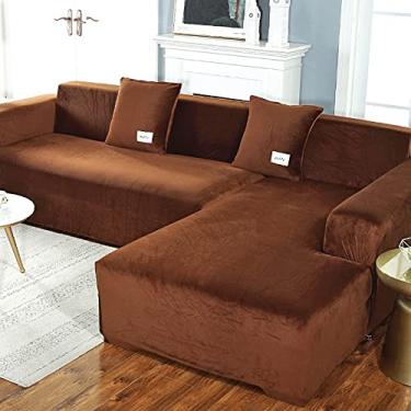 Imagem de 2 peças de capa de sofá de veludo elástico em forma de L, capa de sofá secional com tiras, capas de sofá grossas de luxo (azul claro, 4 lugares, 235 ~ 300 cm) (marrom 2 + 3 lugares)