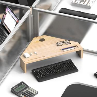 Imagem de Suporte de monitor de canto com corte de madeira maciça, suporte de tela triangular de canto de mesa com slot para caneta e gerenciamento de cabos, organizador de mesa com armazenamento (cor: natural