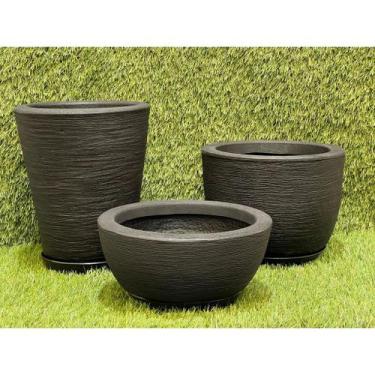 Imagem de Kit Com 3 Vasos Decorativo de Planta Escovado Polietileno Com Prato Co