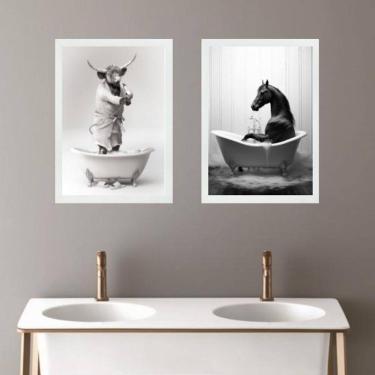Imagem de Kit 2 Quadros Decorar Banheiro - Boi E Cavalo 45X34Cm Vidro