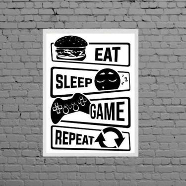 Imagem de Quadro Eat Sleep Game Repeat 24X18Cm Moldura Branca