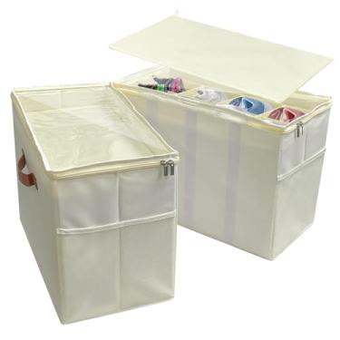 Imagem de SUGOOE Pacote com 2 organizadores de sapatos para armário, organizador dobrável de armazenamento de sapatos com divisórias ajustáveis e capa transparente, serve para até 16 pares, bege