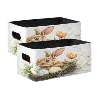 Imagem de xigua Conjunto de 2 caixas de armazenamento de coelhinho em aquarela, cubo de armazenamento dobrável, organizador de cestas de armazenamento para livros, prateleiras, armário, lavanderia, berçário