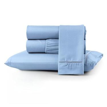 Imagem de Jogo de lençóis para cama de solteiro e de casal, com acabamento em overlock. (azul claro, berço)