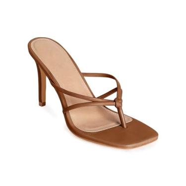 Imagem de Coutgo Sandálias femininas de salto alto com tiras de bico quadrado chinelos fashion tanga stiletto, Marrom, 38