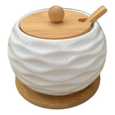 Imagem de Açucareiro Farinheiro Cerâmica Branco Tampa Bandeja De Bambu - YASAA