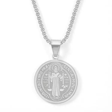 Imagem de DNBVII Colar de medalha de São Bento para homens e mulheres, pingente de proteção católica dupla face de aço inoxidável, medalhão de São Bento, amuleto de exorcismo para bênção da fé, corrente