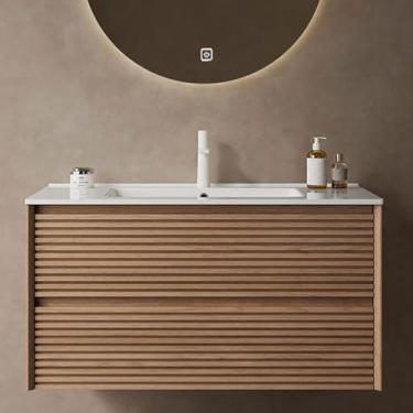 Imagem de Armário flutuante para pia de banheiro com gavetas de extensão completa - Vaidade independente montada na parede para banheiro em espaços pequenos - Armazenamento de alça oculta fácil de limpar