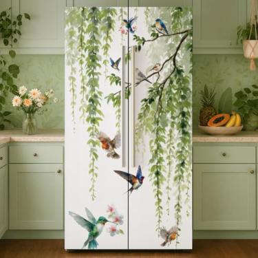 Imagem de GOMAKERER 2 peças de envoltórios removíveis de geladeira com estampa de pássaro de salgueiro, autoadesivo, porta de geladeira, mural de vinil, freezers, para decoração de bar, 40 x 192 cm
