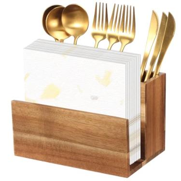 Imagem de Porta-guardanapos de madeira com organizador de condimentos, organizador de talheres de cozinha com 3 compartimentos, dispensador de guardanapos de papel em pé, conjunto de porta-guardanapos de sal e