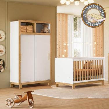 Imagem de Quarto de Bebê com Berço Slim 4315 e Roupeiro 5085 Flora Branco Freijó Qmovi + Colchão Gazin