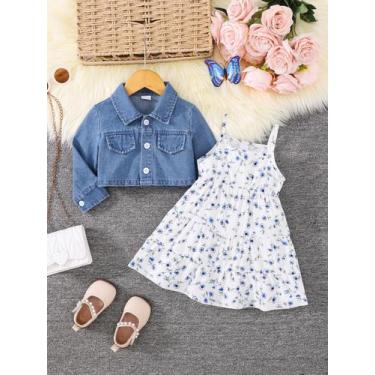 Imagem de Conjunto De Vestido Floral Com Alças E Jaqueta De Jeans Para Meninas, 