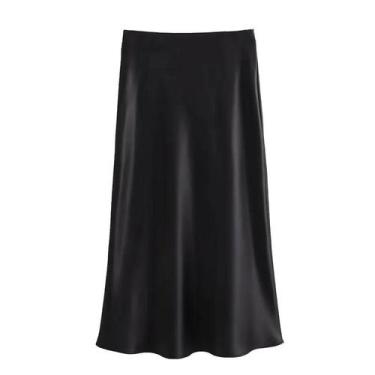 Imagem de Saia Midi Preta de Cetim com Cintura Alta - Elegante e Moderna para Es