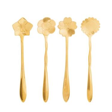 Imagem de Conjunto 4 Colheres Aço Inox para Chá e Café Flores Dourado - Wolff