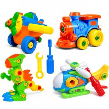 Imagem de Kit 4 Brinquedos Didáticos de Montar Dinossauro Helicóptero Trem e Avi