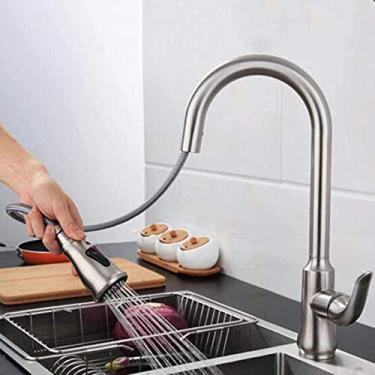 Imagem de Pkfinrd Torneiras de cozinha com pulverizador de puxar para fora, torneira de cozinha de aço inoxidável, escovada, quente e fria, rotação de 360°, multifuncional, com alça única, torneira para pia de cozinha