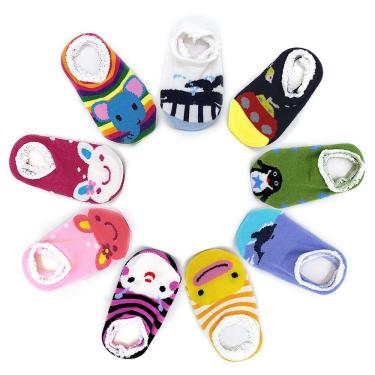 Imagem de Kit 5 Pares Meia Infantil Bebê Antiderrapante De Bichinhos