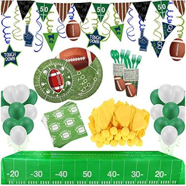 Imagem de Conjunto de artigos e decorações de festa de futebol - serve 24 pessoas, inclui toalha de mesa, pratos, talheres, copos e guardanapos de papel com bandeira de penalidade, redemoinho de pendurar, faixa, balões para festa do Super Bowl