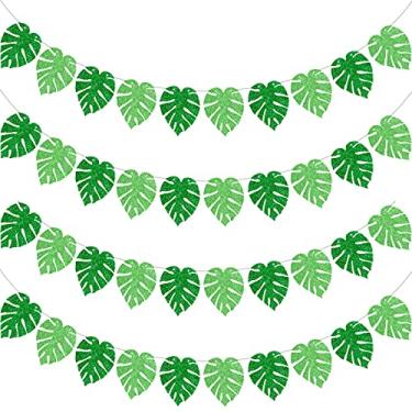 Imagem de Banner tropical de folhas de palmeira com glitter, 4 peças, bandeiras havaianas tropicais de folhas verdes, decorações de festa tropicais para festa de luau havaiana, chá de bebê, artigos de decoração de festa na praia