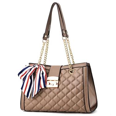 Imagem de Bolsas de ombro de couro para mulheres bolsas acolchoadas moda bolsa grande com alça de corrente bolsa feminina, Caqui