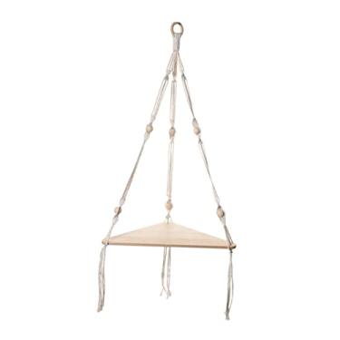 Imagem de Fenteer Prateleira suspensa de macramê, prateleira de parede de madeira com corda tecida, organizador de armazenamento de prateleira flutuante rústica,