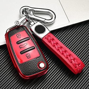 Imagem de YJADHU Capa de couro TPU masculino feminino carro dobrável capa de chave, apto para Audi A3 A4 A5 A6 B6 B7 B8 Q3 Q7 S3 C5 C6 4F 8L 8P 8V RS3 S3 TT, chaveiro vermelho