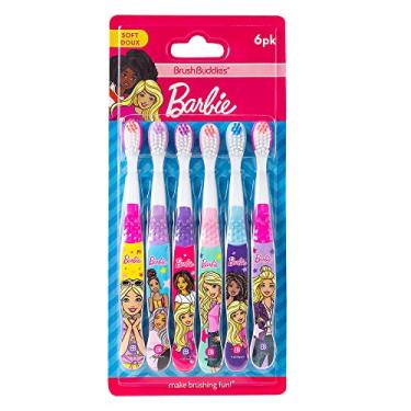 Imagem de Brush Buddies Pacote com 6 escovas de dentes Barbie para crianças, escovas de dentes de cerdas macias para crianças