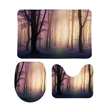 Imagem de My Daily Conjunto de 3 peças de tapetes de banheiro de conto de fadas roxo neblina floresta antiderrapante tapete de contorno + tampa de vaso sanitário + tapete de banheiro