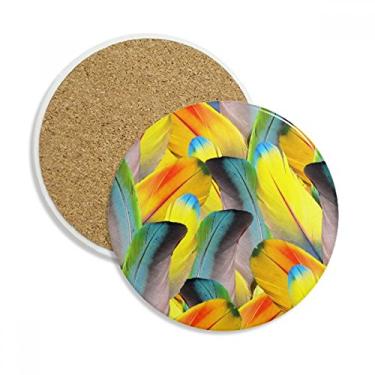 Imagem de Caneca de porta-copos com flor colorida e pena para proteção de mesa, pedra absorvente