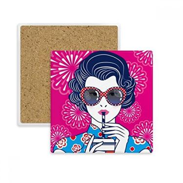 Imagem de Cultura chinesa mulher vermelha óculos quadrado porta-copos caneca suporte subplaca pedra isolante