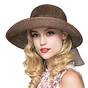 Imagem de Hislaves Chapéu feminino fashion verão aba larga protetor solar boné protetor solar laço dobrável cor sólida chapéu de praia café escuro tamanho único, Café