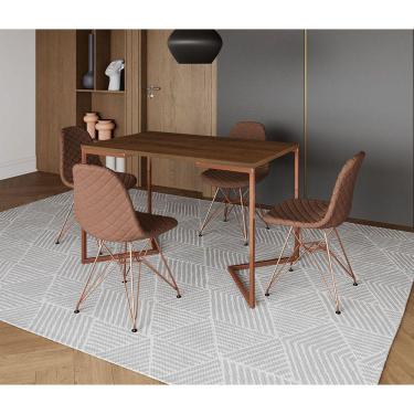 Imagem de Mesa Jantar Industrial Retangular Amêndoa 120x75 Base V com 4 Cadeiras Estofadas Caramelo Base Cobre