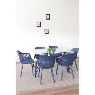 Imagem de Conjunto Sala de Jantar Mesa 140x80cm Tampo em Vidro Araçá com 6 Cadeiras Marcela Rivatti Azul Marinho