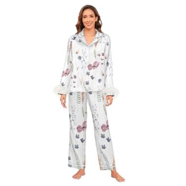 Imagem de GuoChe Conjunto de pijama de cetim para mulheres conjunto de pijama macio de 2 peças para mulheres conjunto de pijamas de festa de noiva para mulheres P floral, Padrão floral industrial, P
