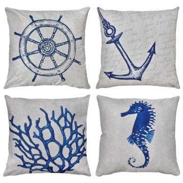 Imagem de Kit 4 Capas Almofada de Linho Estampa Mar 4 Modelos - 45x45 (Modelo 2)
