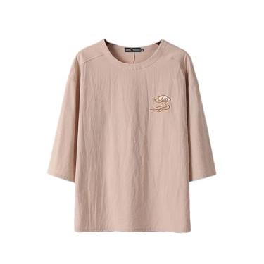 Imagem de Camiseta masculina de linho de verão bordado nuvem camisetas de linho manga três quartos estilo chinês camisa masculina, Caqui, G