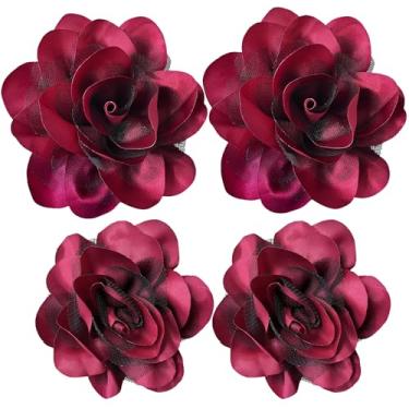 Imagem de Broches femininos 4 peças flor rosa grampo de cabelo flamenco dançarina pin up mexicano grampos de cabelo grampos de cabelo broche chá festa chapéus headpieces (bordô)