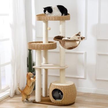Imagem de Torre de árvore de gato para gatos internos, árvore alta de madeira moderna com postes de arranhar de sisal, poleiros para gatos, cápsula espacial