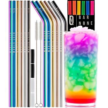 Imagem de BAR NONE Best Canudos Conjunto de 12 Canudos | 26,7 cm de comprimento e largura multicoloridos de aço inoxidável de aço inoxidável reutilizáveis, escovas de limpeza retas e curvadas e pontas de