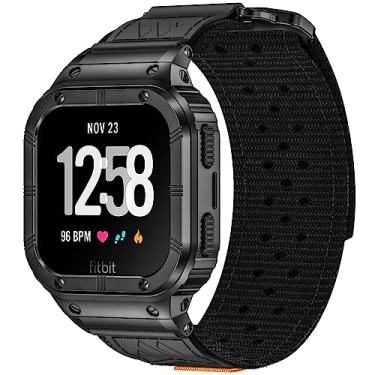 Imagem de MioHHR Pulseira masculina compatível com Fitbit Versa 4 3 2 1/Fitbit Versa Lite/Fitbit Sense/Sense 2 com capa de aço inoxidável, pulseira esportiva respirável de nylon ajustável