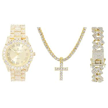 Imagem de Charles Raymond Colar de cruz de tênis masculino de luxo com relógio de pulso de quartzo diamante - Be Lit & Choose The Matching Out Cuban ZZ Bracelet Set - ST10327TCR Sets, 20"