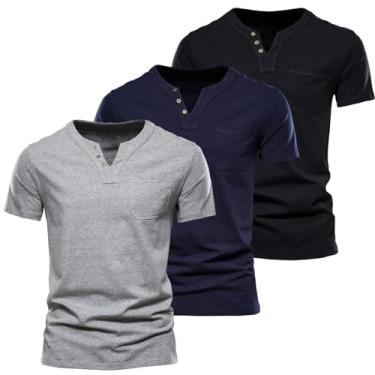 Imagem de Camiseta masculina casual gola V Henley camiseta manga curta algodão bolso no peito, Preto + azul marinho + cinza, P