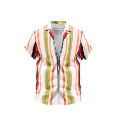 Imagem de OYOANGLE Camisa masculina casual de manga curta com estampa listrada Color Block, Branco laranja multi, P