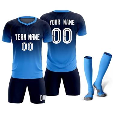 Imagem de Camisetas de futebol personalizadas com logotipo de número de nome masculino feminino infantil camisas de futebol personalizadas uniformes de equipe camiseta juvenil, Azul-marinho/azul pó/gradiente