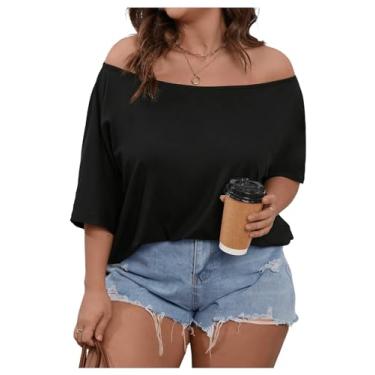 Imagem de SOLY HUX Camisetas femininas plus size com ombro de fora meia manga casual, Preto liso, 3G Plus Size