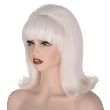 Imagem de Peruca Flip Feminina Coraline 70s Pin Up Pelucas 60s Retro Beehive Estilo Vintage Look Betty Rubble Peruca Traje de Halloween Peruca Feminina com Bang (Preto)… (Branco)