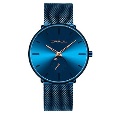 Imagem de FIZILI Relógios masculinos ultrafinos minimalistas à prova d'água – Relógio de pulso moderno masculino unissex com pulseira de malha de aço inoxidável, ouro azul brilhante, Estilo minimalista moderno