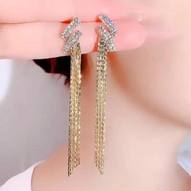 Imagem de Brinco Dourado Feminino Franja Strass Delicado Longo Pedra - anjo da m